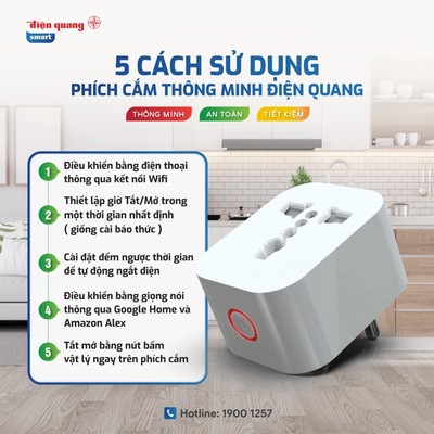 [HỎA TỐC] Phích Cắm/ Ổ cắm Thông Minh Wifi 2000W Điện Quang - Tắt/mở từ xa bằng wifi, hẹn giờ tự động. Bảo hành 18 tháng
