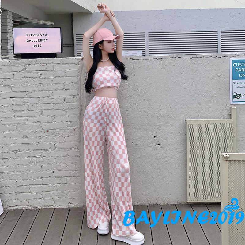 Bay-Women 2PCS Outfits, Check Pattern Sleeveless Tube Tops, High Waist Long Wide Leg Pants