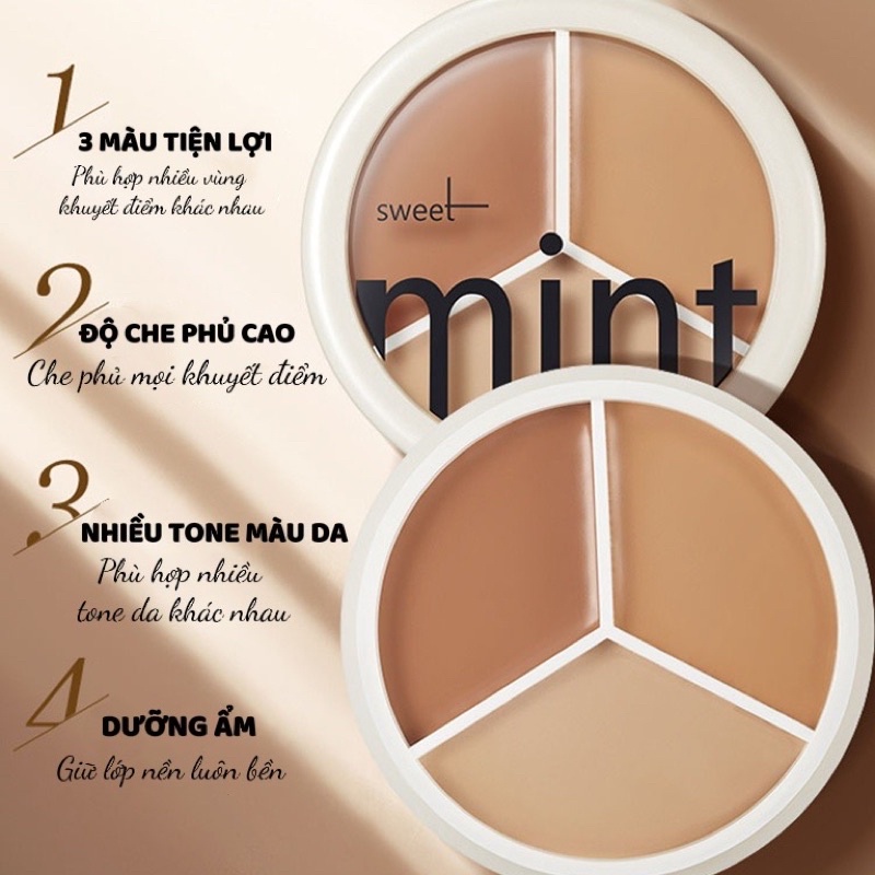 Bảng che khuyết điểm 3 màu SWEET MINT mỏng nhẹ tự nhiên che phủ tốt