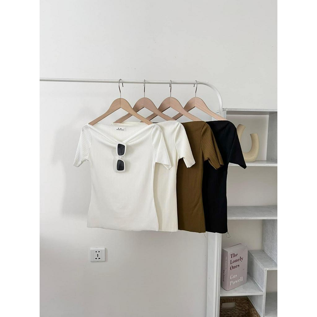 Áo trễ vai tăm thái cổ thuyền cotton croptop co dãn , Áo thun nữ body tay ngắn đu ido BlackPink Miho Studio House