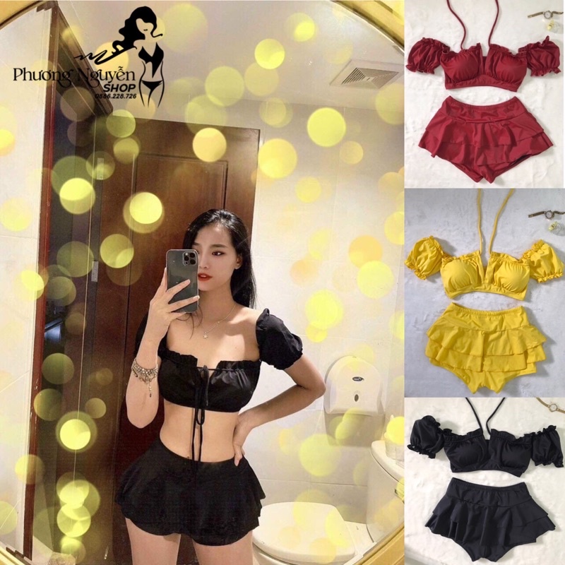 Đồ bơi nữ bikini 2 mảnh áo croptop tay bồng trễ vai phối quần chân váy bồng 2 tầng nhiều màu đi biển đẹp | BigBuy360 - bigbuy360.vn