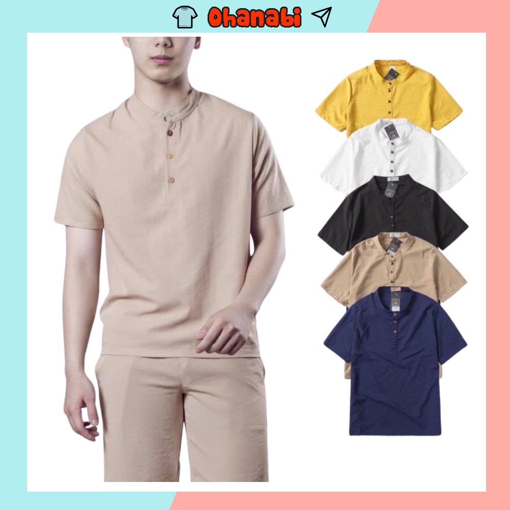 Áo đũi nam cổ tàu sơ mi tay ngắn form rộng vải đũi thái dày dặn mềm mịn thoáng mát đẹp cao cấp hàn quốc OHANABI