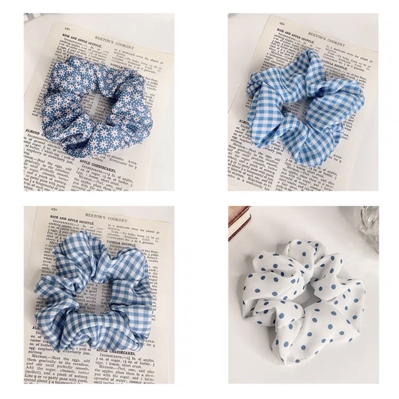 Dây buộc tóc, cột tóc vải scrunchies phong cách vintage hoạ tiết xanh dương