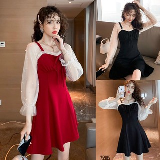 Đầm xoè tay lưới đính ngọc (Free/big size 40-71kg)