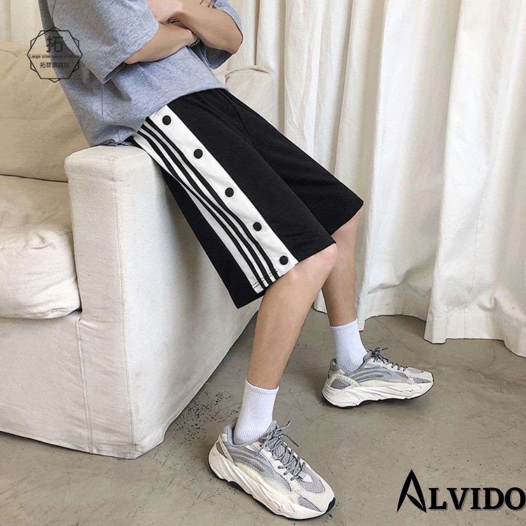 Quần short nam ALVIDO quần đùi nam phối ba sọc thể thao Basic nam nữ Oversize mùa hè phong cách đường phố Hàn Quốc QS309