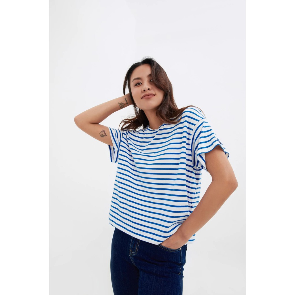 TheBlueTshirt - Boxy Blue Striped T - Áo thun kiểu trắng sọc xanh