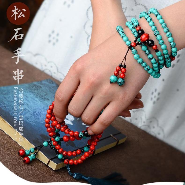 Vòng Tay Hạt Ngọc Lam Tự Nhiên Nhiều Lớp Phong Cách Dân Tộc Cổ Điển