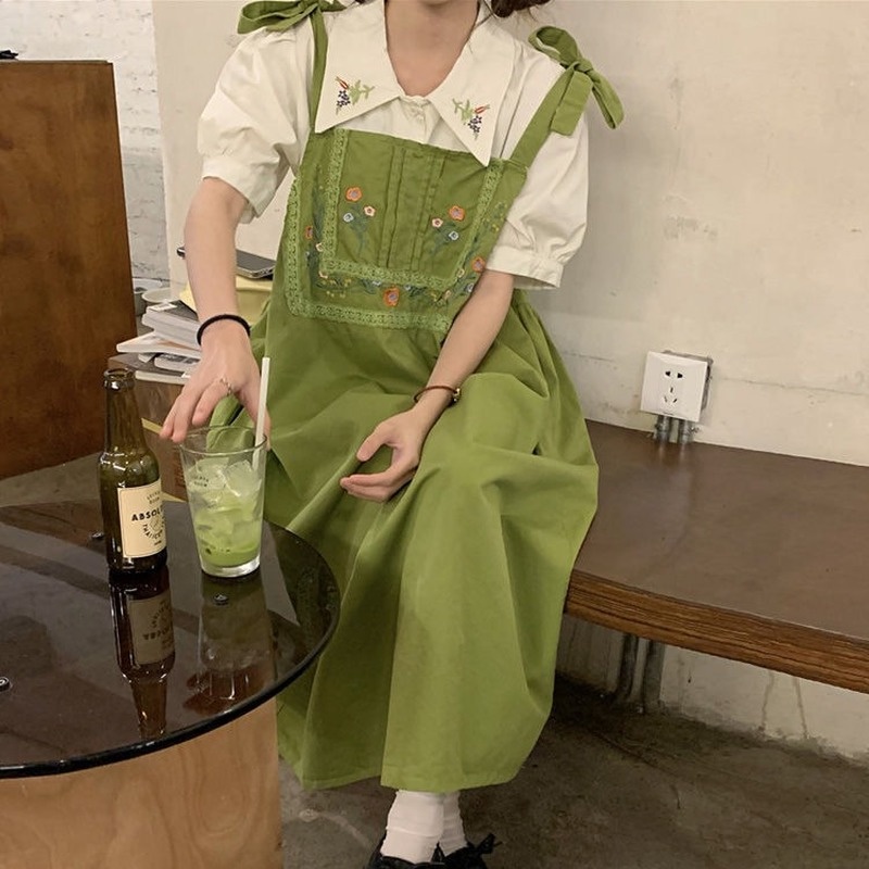 Set Áo Sơ Mi Ngắn Tay Thêu Hoa + Váy Yếm Ren Phong Cách Retro Mới Cho Nữ