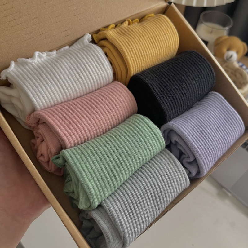 Tất cổ cao nữ bèo nhún, vớ bèo nhún nữ cổ cao màu trơn basic phong cách Vintage Hàn Quốc