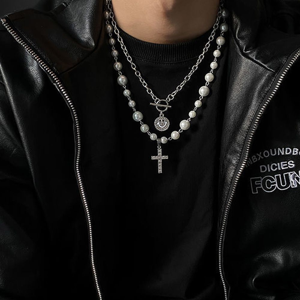 Vòng cổ choker đính ngọc trai sang trọng cá tính phong cách Hàn Quốc cho nam