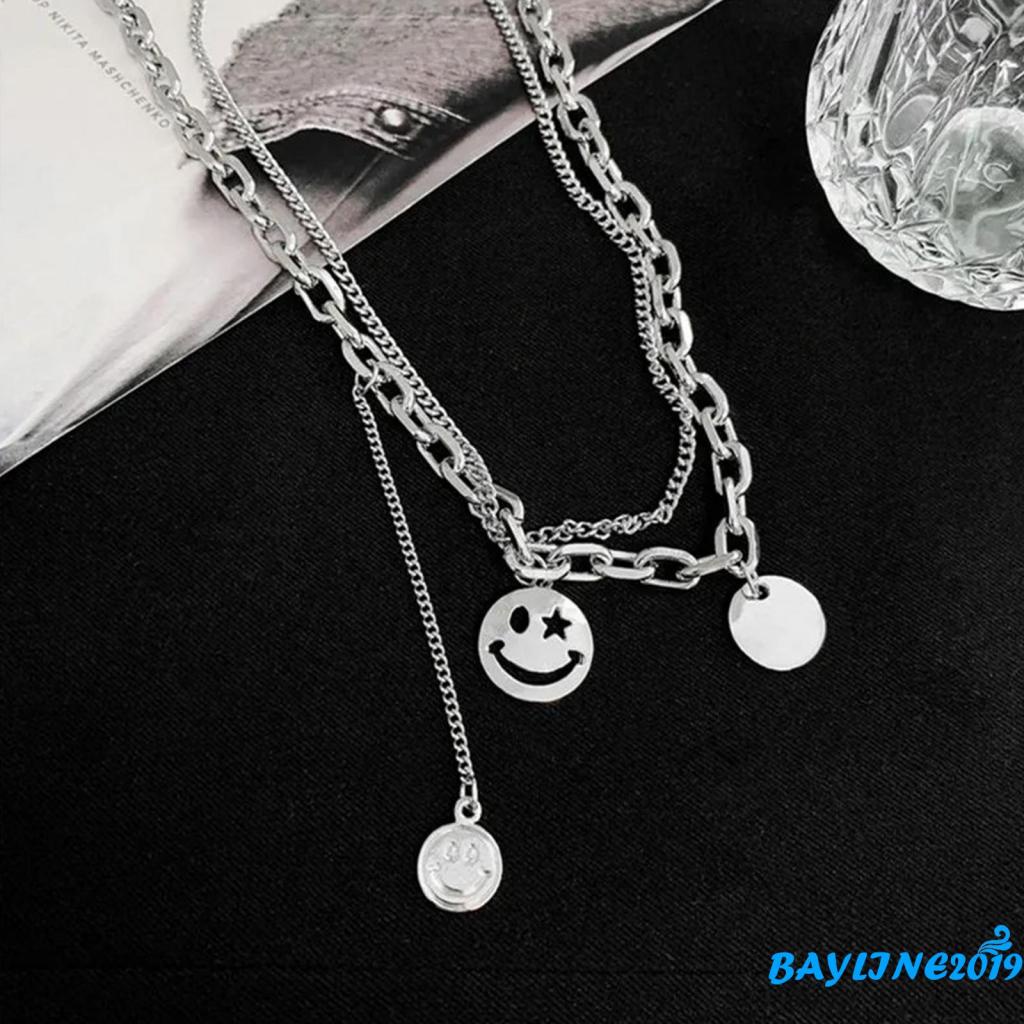 Bay-Women Layered Jewelry, Alloy Smile Face Charm Chain Necklace for Ladies, Gift for Girlfriend and Mother, Silver