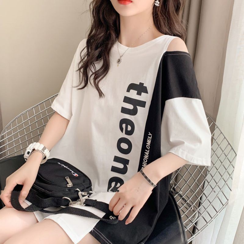 Áo phông kiểu phối nửa màu hở vai cá tính giấu quần ulzzang đen và tím hàng Quảng Châu