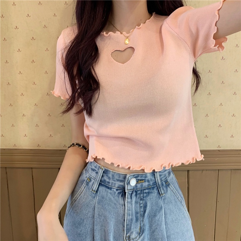 [CÓ SẴN] Áo Croptop Dệt Tim Khoét Trái Tim Tay Ngắn Màu Pastel AL16