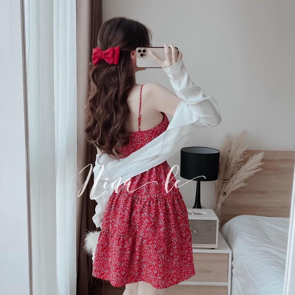 Set Đầm Hai Dây Hoa Nhí Màu Đỏ Xếp Tầng Kèm Áo Khoác Dài Tay Nữ Tính Siêu Xinh Thời Trang Nữ Xm Minh Phúc