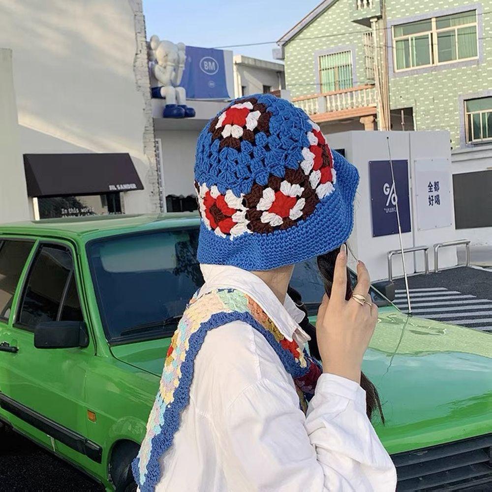 Nón Bucket Dệt Kim Họa Tiết Hoa Ngọt Ngào WMES15H Thời Trang Thu Đông Cho Nữ