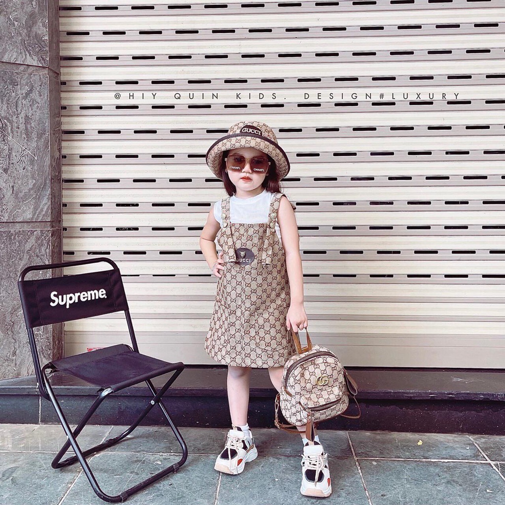 Set gucci cho bé gái - Set váy yếm kèm mũ cho bé gái mặc đi chơi,đi học diện hè mẫu mới 2022 (size 12kg-30kg)