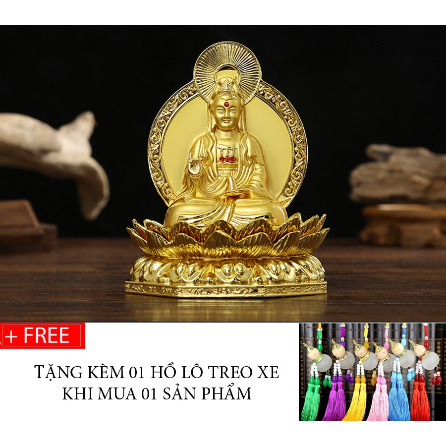 Tượng Phật bà Quan Âm Bồ Tát ngồi đài sen để xe ô tô + Tặng kèm hồ lô treo xe.