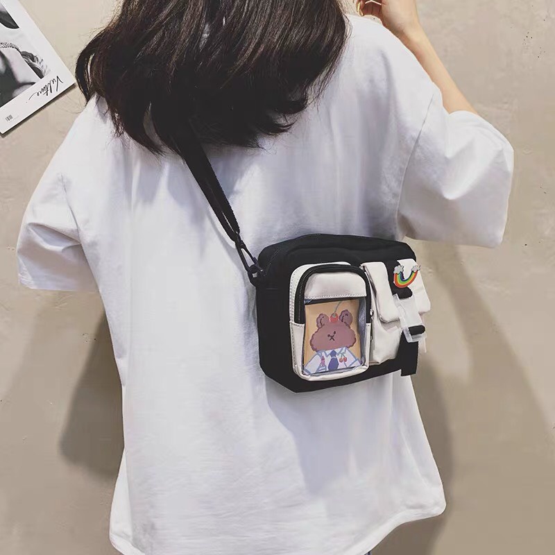 Túi đeo chéo mini vải canvas có bóng kính thời trang unisex cá tính