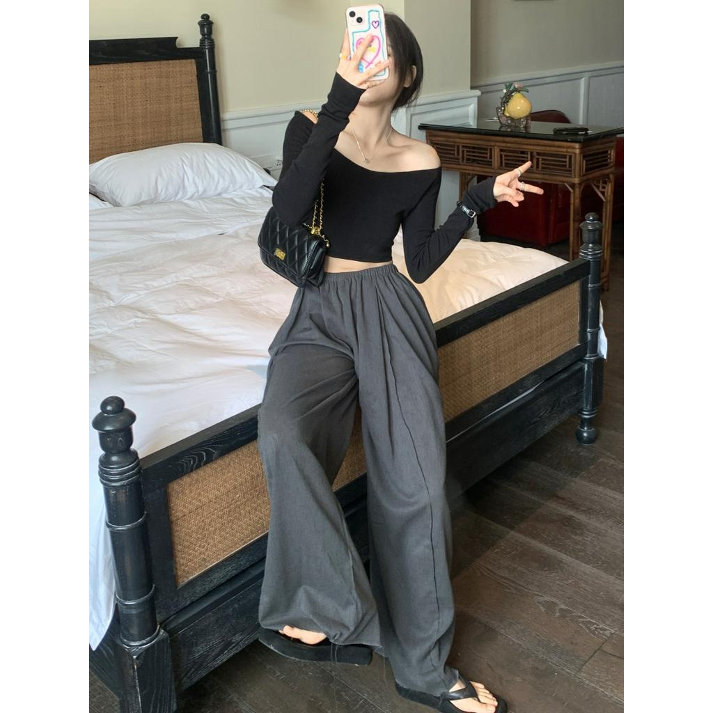 Áo Thun Tay Dài Lệch Vai Dáng Ôm / Eo Thun Vải Lanh Ống Rộng Thời Trang 54065