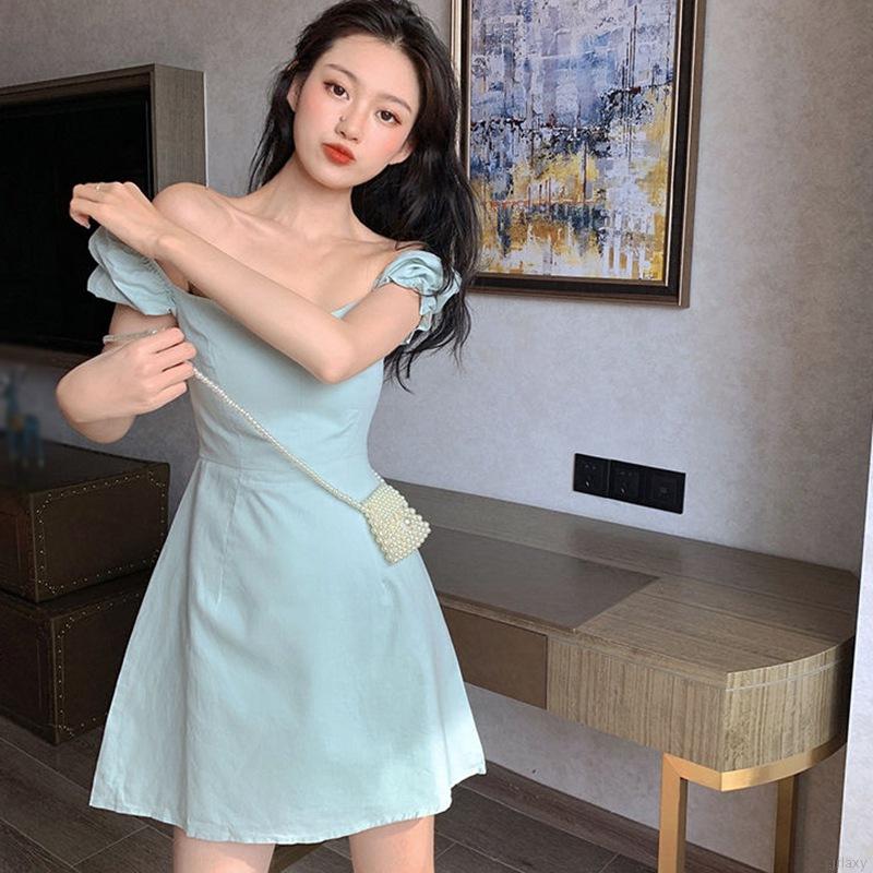 Đầm Tay Ngắn Cổ Vuông Màu Trơn Thiết Kế Đơn Giản Phong Cách Hàn Quốc