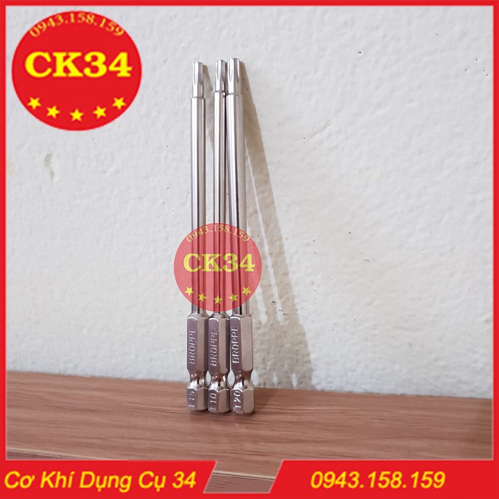 Mũi vít hoa thị có lỗ. Lục giác bông 3 pc cho khoan bắn vít T10, T15, T20 dài 100mm hãng BROPPE