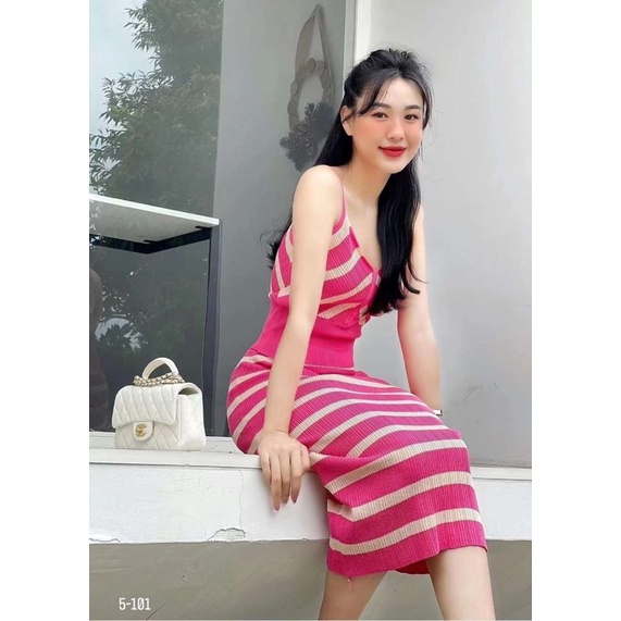 Set Váy Len Hai Dây Kẻ Màu Hồng Pink Cực Yêu Luôn, Len dày loại một V065