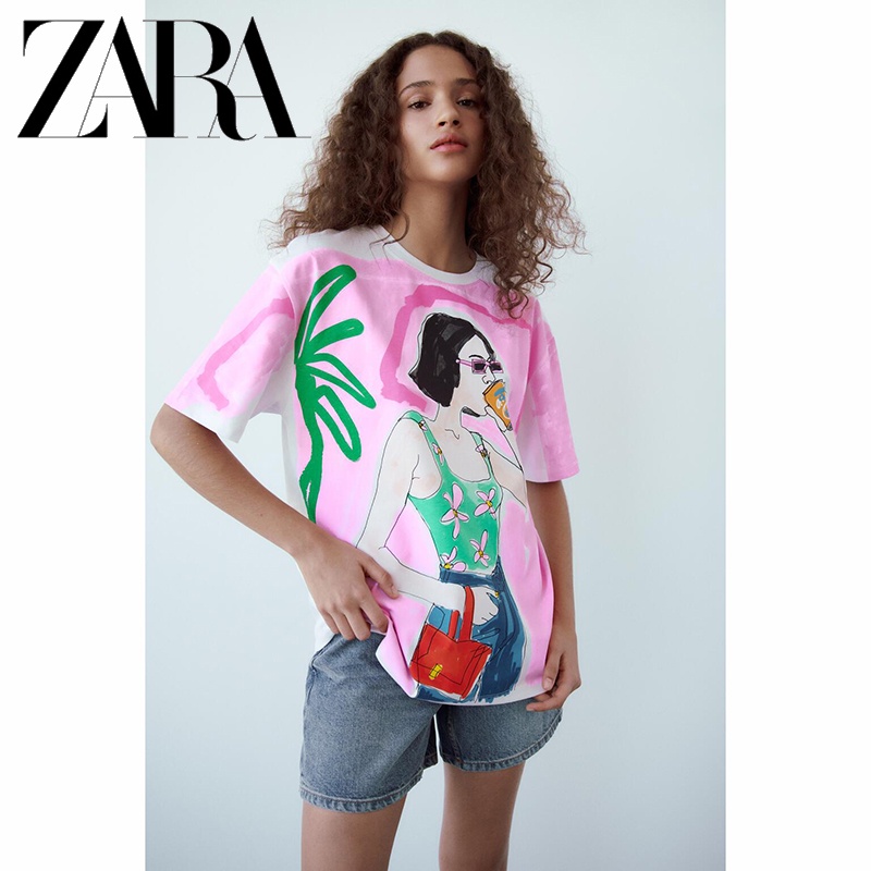 Áo Thun ZARA In Họa Tiết Phối Màu Tương Phản Cá Tính Cho Nữ