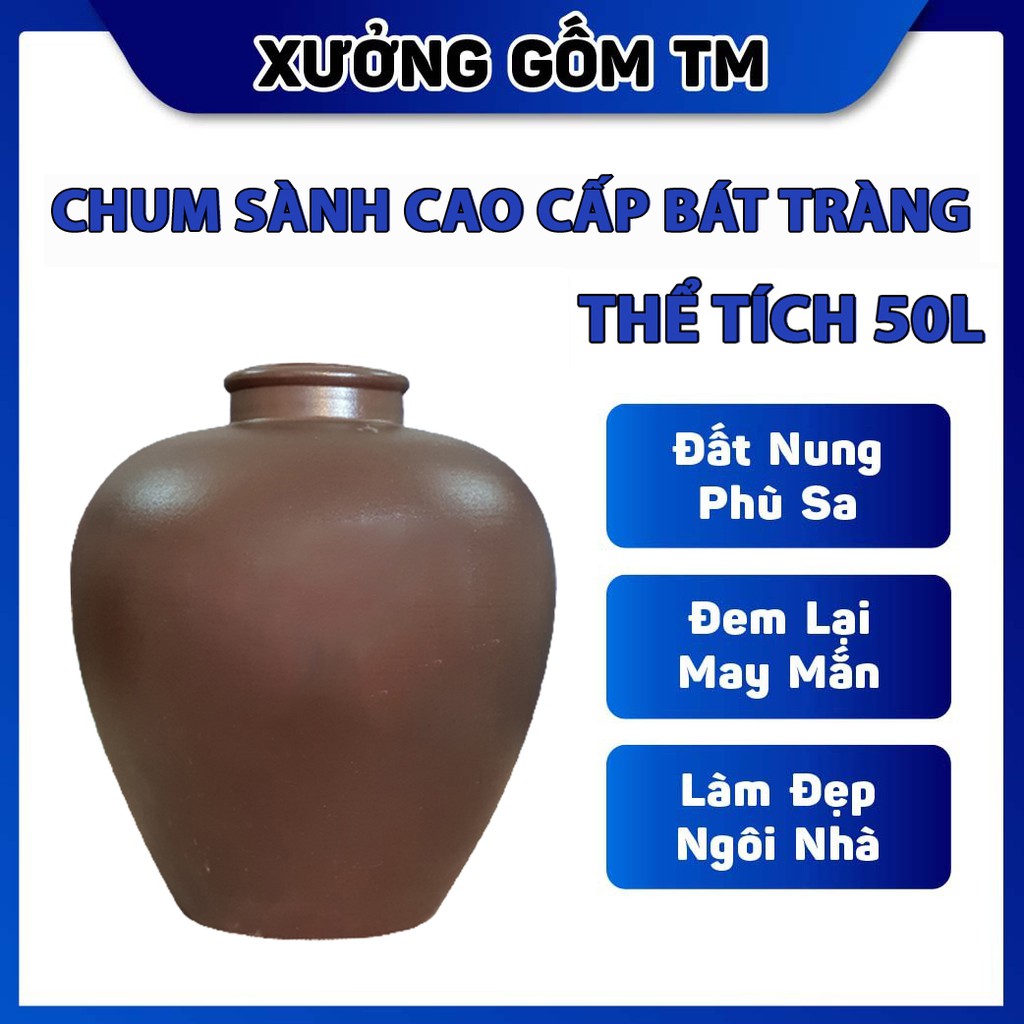 Chum Sành Đựng Gạo, Ngâm Rươu Mẫu Trơn 50L Gốm Sứ Bát Tràng