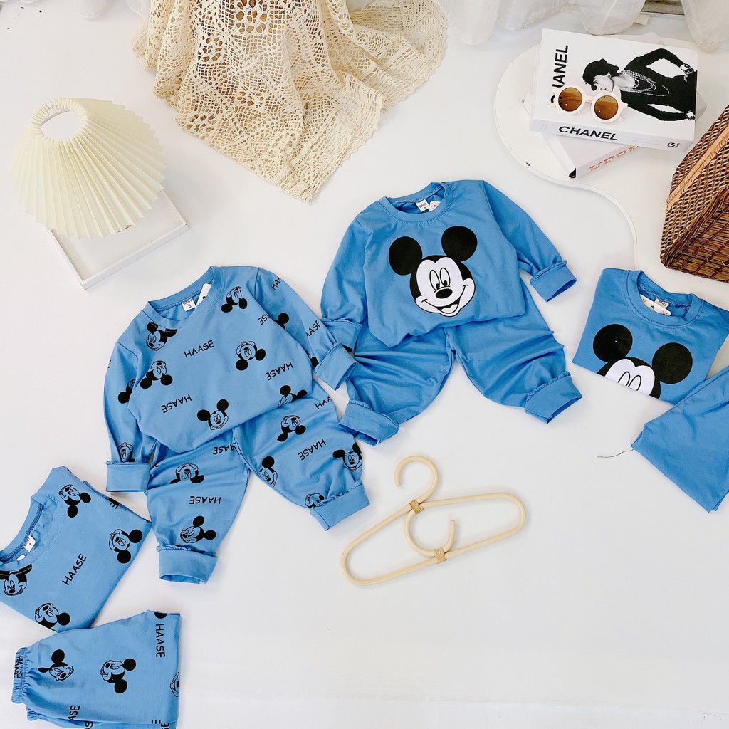 Bộ Quần Áo Dài Tay Mùa Thu In Hình Micky Xanh Trời Vải Cotton Cho Bé Trai Từ 8-20kg Mã DT21