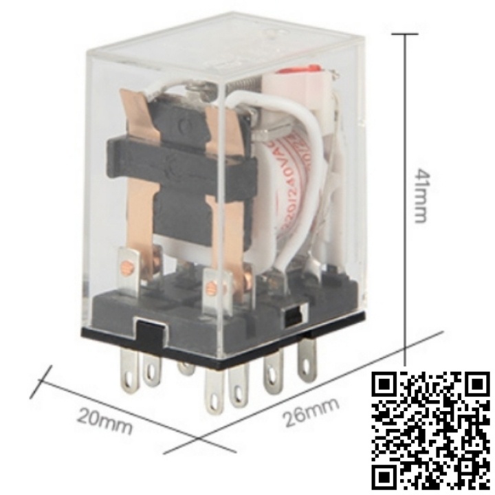 Rơ le trung gian kiếng MY4N-J 14 chân dẹp nhỏ có đèn điện áp 12VDC, 24VDC, 220VAC dùng chân đế PYF14A