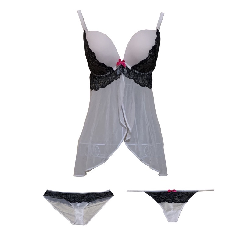 SET Váy Ngủ LA SENZA Cup Nâng Ngực Phối Ren Quyến Rũ Hàng Xuất Xịn Ren Đen Trắng Kèm 2 Quần Size L