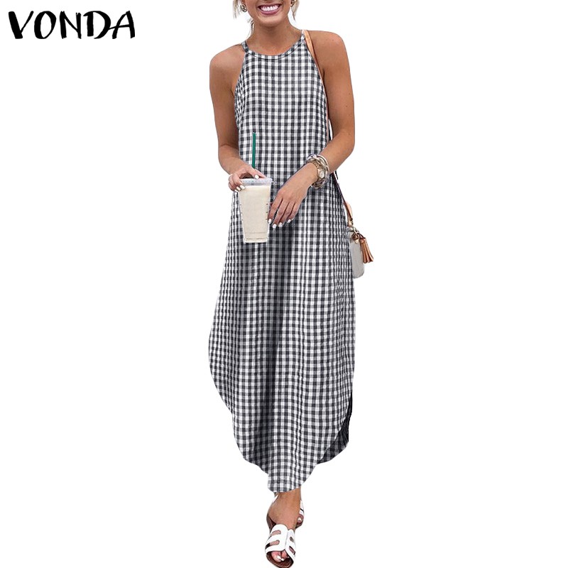 VONDA Đầm Dài Sát Nách Hoạ Tiết Ca Rô Ca Rô Thời Trang Mùa Hè Cho Nữ | BigBuy360 - bigbuy360.vn
