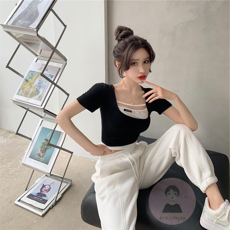 Áo Thun Tay Ngắn Cổ Chữ U Màu Trắng/Đen Cho Nữ