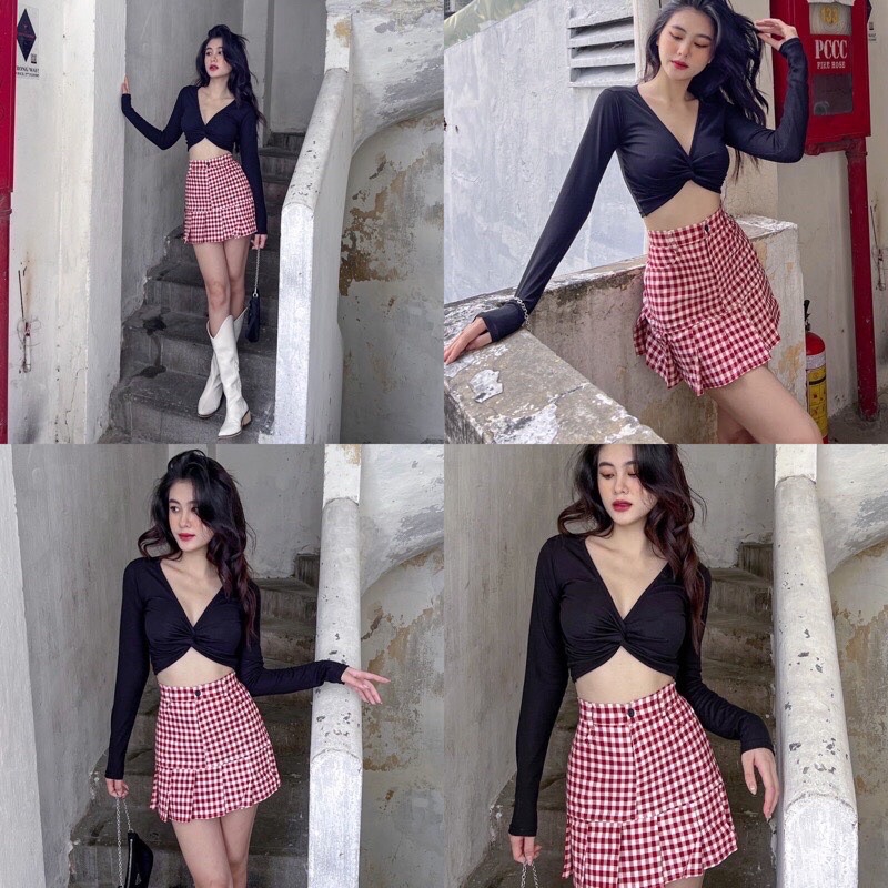 Áo Thun Kiểu Xoắn Ngực Tay Dài, áo croptop tay dài thời trang nữ A2171