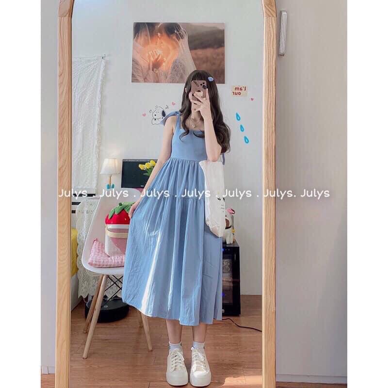 Đầm Nữ 2 Dây Bản To Buộc Nơ 3 Tầng 🦋 Váy Nữ Babydoll Trơn Dáng Dài 2 Màu 🦋