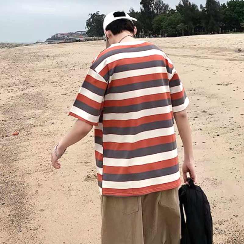 Áo thun nam nữ k99 áo phông unisex mặc được cho cẩ nam và nữ họa tiết kẻ ngang phong cách Hàn Quốc 2 màu cam, xanh.