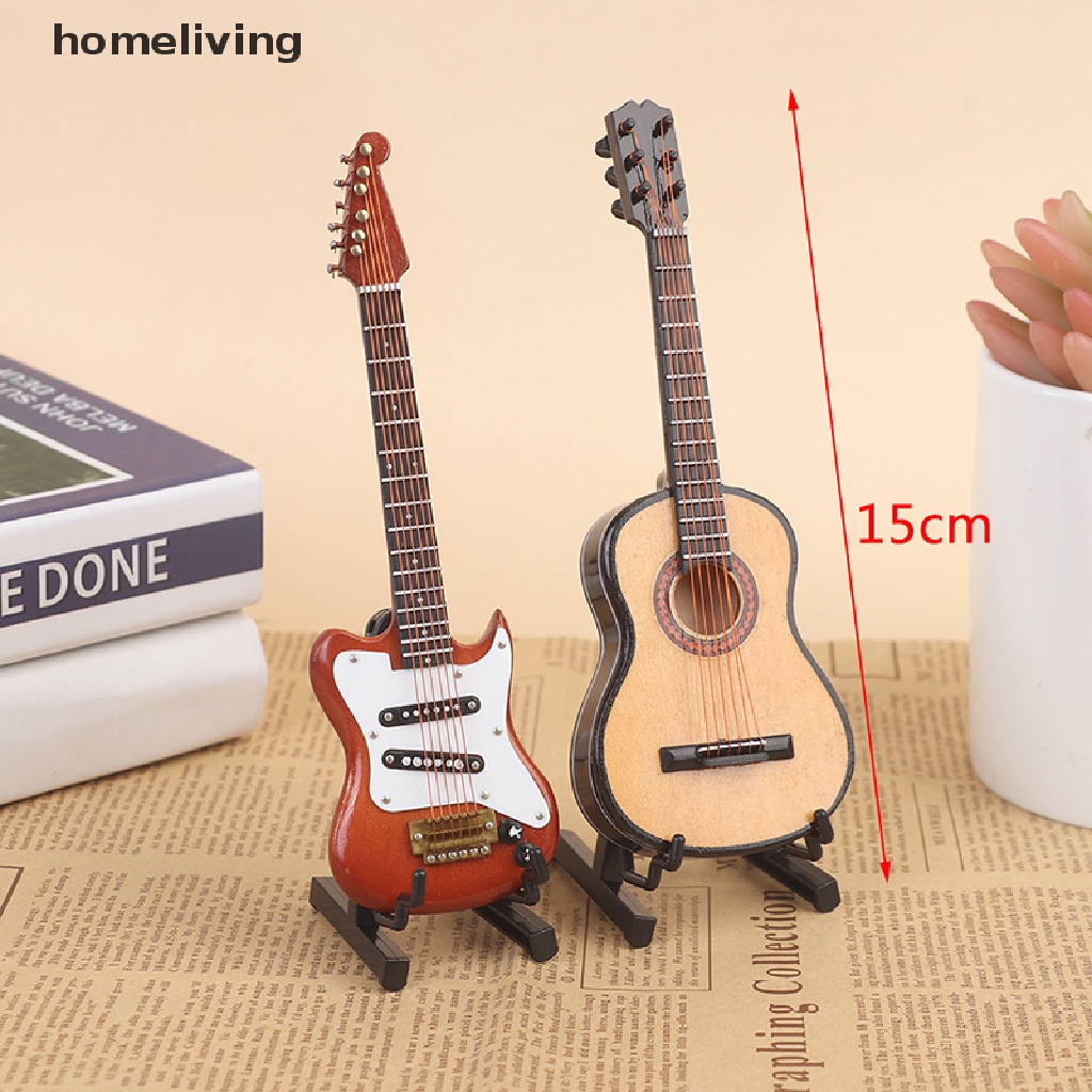 Đàn Guitar Điện Bằng Gỗ Có Chân Đứng Trang Trí Nhà Búp Bê Tỉ Lệ 1 / 6