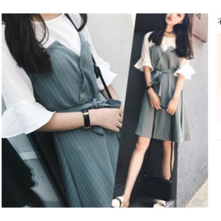 Đầm tiểu thư phối áo trắng thắt nơ