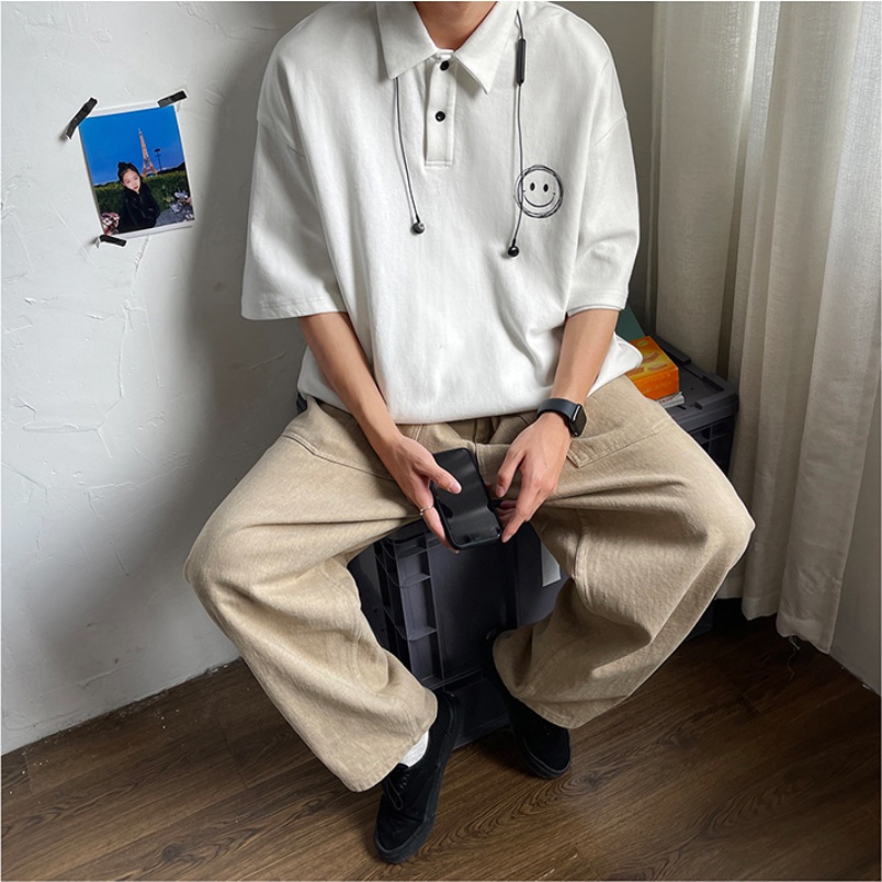 áo thun nam có cổ phong cách Hàn Quốc áo polo unisex đơn sắc áo polo tiếng Nhật đen áo thun thể thao bông Áo Mùa Hè Nam