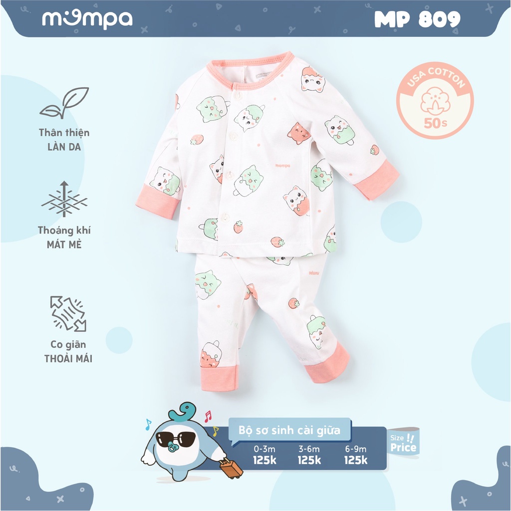 Bộ quần áo trẻ em dài tay Mompa kiểu cài giữa cho cả bé trai và gái MP809 - Chất liệu Cotton USA - Độ tuổi 0-9M