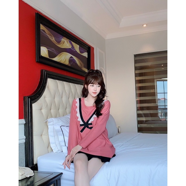 (chất nhung) Áo bầu nhung tăm mặc mùa đông ấm áp phối cổ viền ren nơ tkutrang