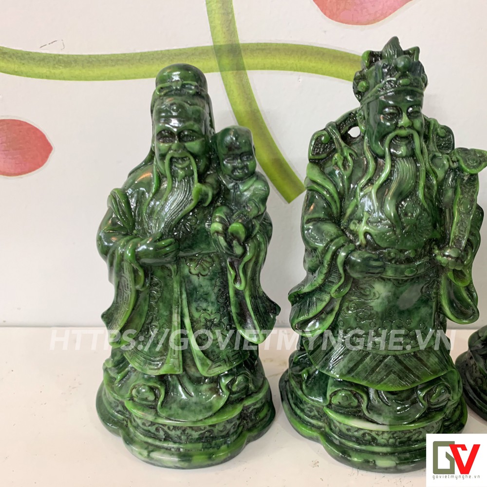 Tượng đá trang trí Phúc Lộc Thọ - Bộ 3 tượng Phong Thủy Phúc Lộc Thọ - Màu Xanh Lục Bích - Chiều cao 14cm