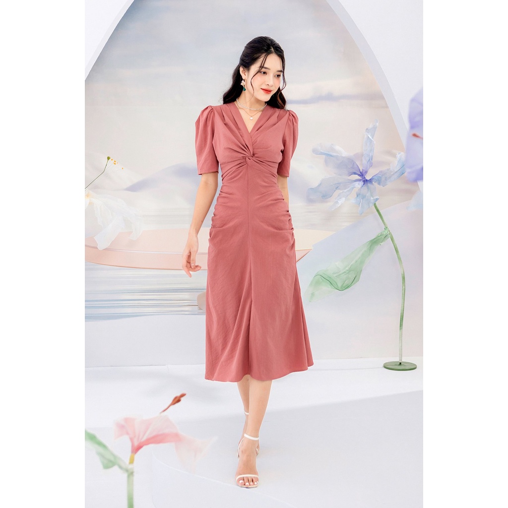 Váy xoắn ngực rúm bên hồng HM