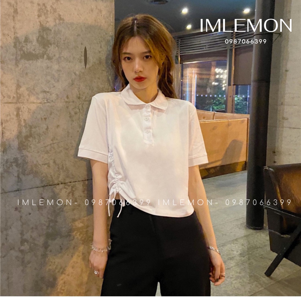 Áo Thun Croptop Polo Tay Ngắn Rút Eo Một Bên IMLEMON Thời Trang Nữ Năng Động Dễ Thương