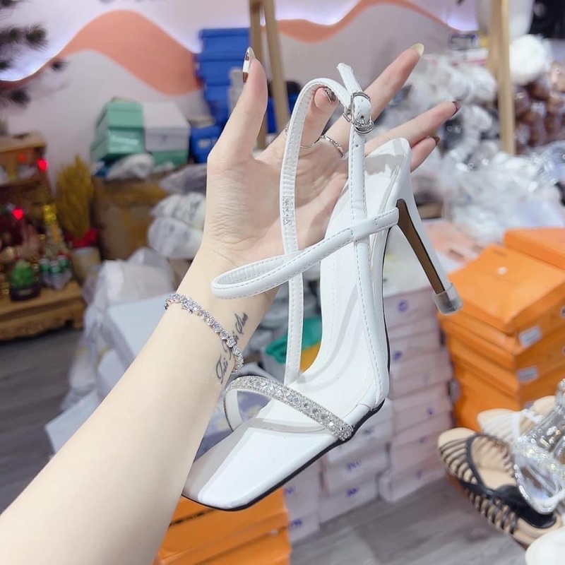 SANDAL CAO GÓT Đính Đá-GUỐC NỮ QUAI NGANG MẢNH cao 9Cm kèm HÌNH THẬT
