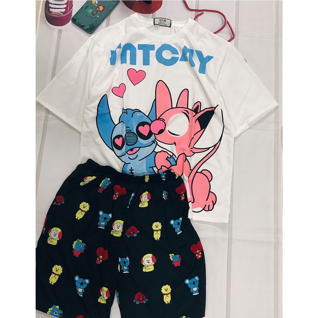 [ẢNH THẬT] Set Đồ Bộ Stitch cartoon 3D Cute DB08-Lapi VN Áo+ Quần Đùi màu đen Vải Thun Cotton Thoáng Mát, Freesize<70kg