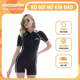 Bộ bơi nữ liền thân ngắn tay sbart 8046 đen chỉ trắng