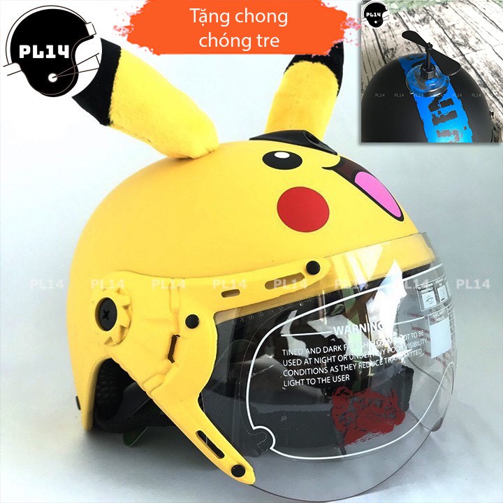 Mũ Bảo Hiểm Trẻ Em Pikachu Có Kính V&S Helmet Cho bé Từ 3-6 Tuổi Màu Vàng - Tặng Chong Chóng Tre