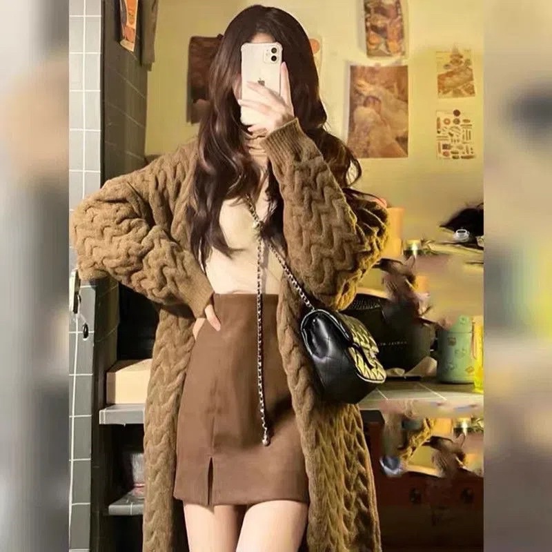 Áo Cardigan Len Nữ Dáng Dài Màu Be Nâu Đen Phom Rộng, Áo Khoác Thu Đông Dài Tay Chất Len Thừng Loại 1 Cao Cấp