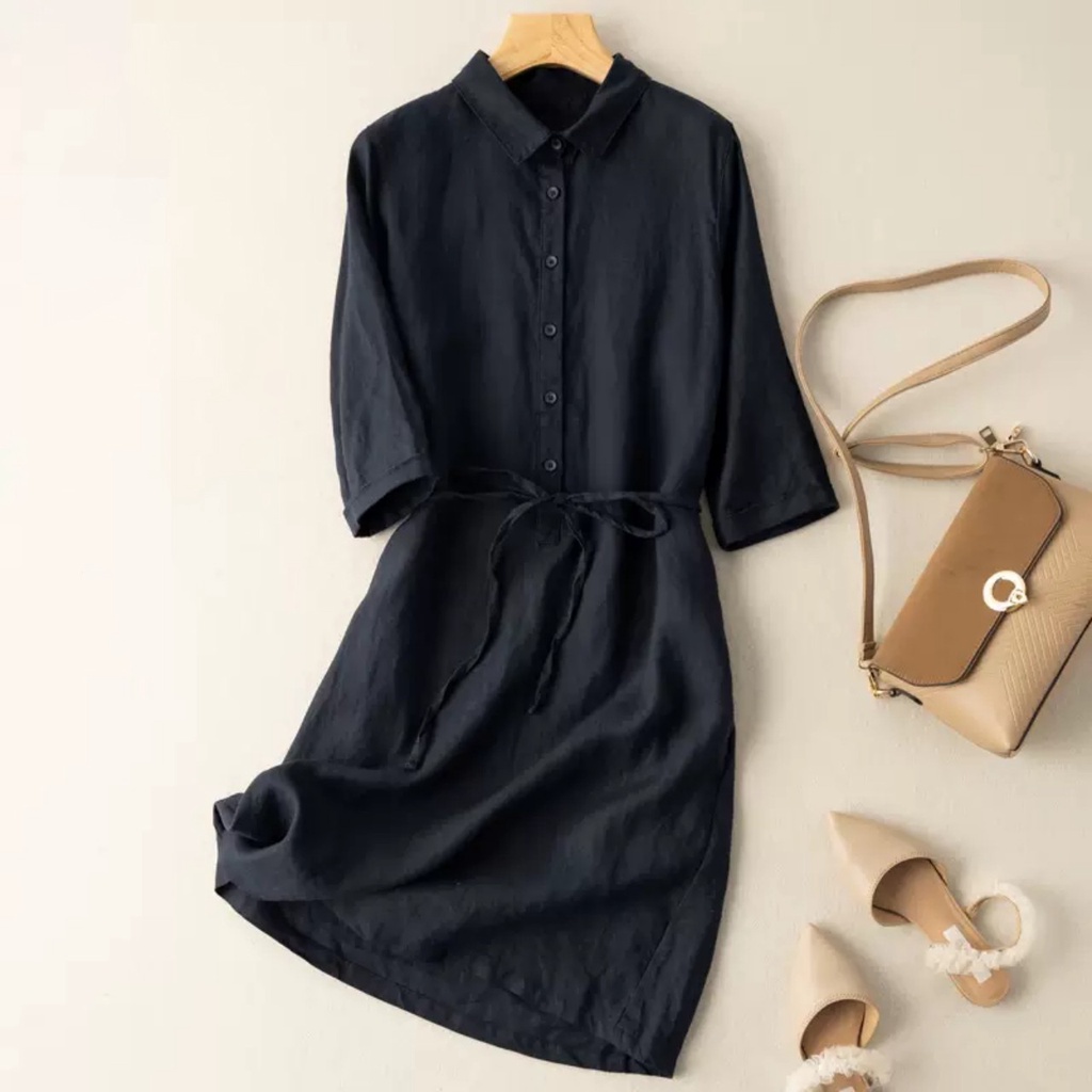Đầm linen suông công sở cổ sơ mi thiết kế trẻ trung, Đầm suông tay lỡ kèm đai rời thời trang hè thu Da161